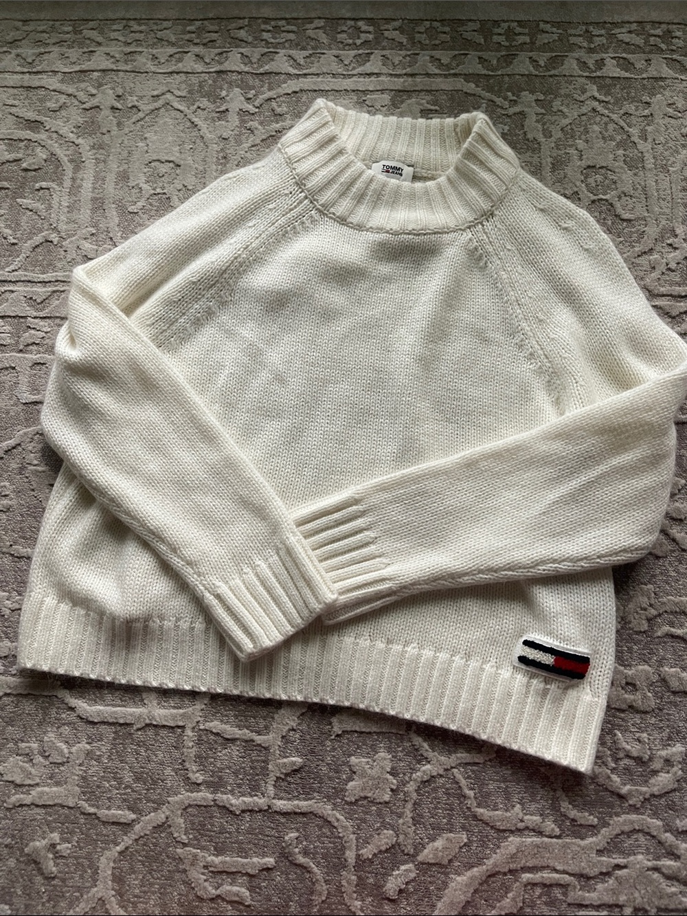 Tommy Hilfiger Off-White Ribbed Mock Neck Sweater with Flag Patch